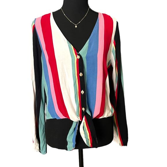 3/$15 Rue 21 Multi Colored Striped Long-sleeved V Neck Blouse - Picture 8 of 8